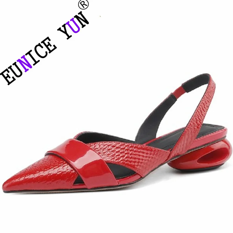 

【EUNICE YUN】Irregular heel Sandals Women Brand Genuine Leather High Heels Pumps Summer Designer Party Dress Shoes 34-40