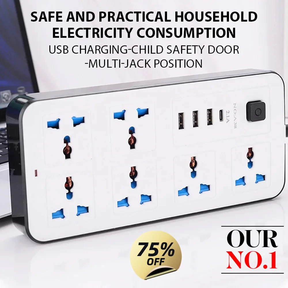 TypeC USB Port Outlet Power Strip Universal Power Strip 2M Extension Cord AC Power Socket Charge Electrical Socket EU/US/UK Plug