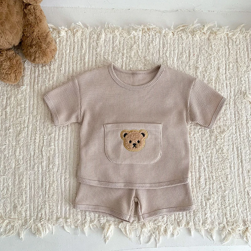 Soft Waffle Baby Clothing Set Bear Tee and Shorts