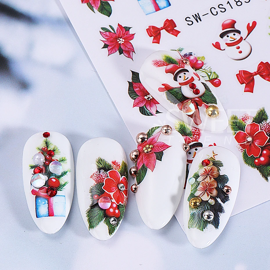 2/3pcs Christmas Nail Stickers Cute Cartoon Snowman Holly Gingerbread Bow Candy Bell Slider Decals Holiday DIY Manicure Decor