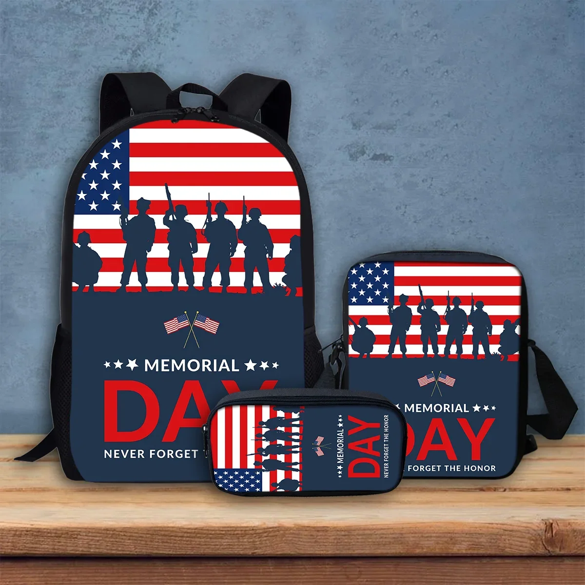 

Memorial Day Pattern School Bag Portable Backpack Men Lunch Bag Veterans Bookbag Pencil Boxes 3 Pcs/Set Casual Travel Daypack