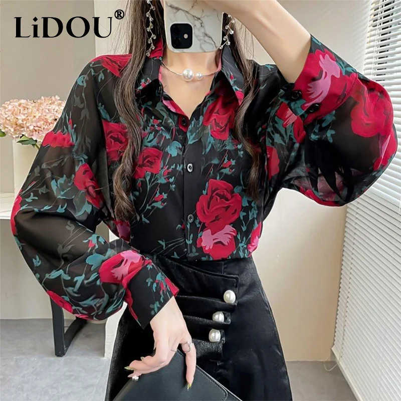 

Spring Summer New Turn Down Collar Floral Print Shirt Ladies Lantern Long Sleeve Cardigans Top Women Loose Casual Fashion Blouse