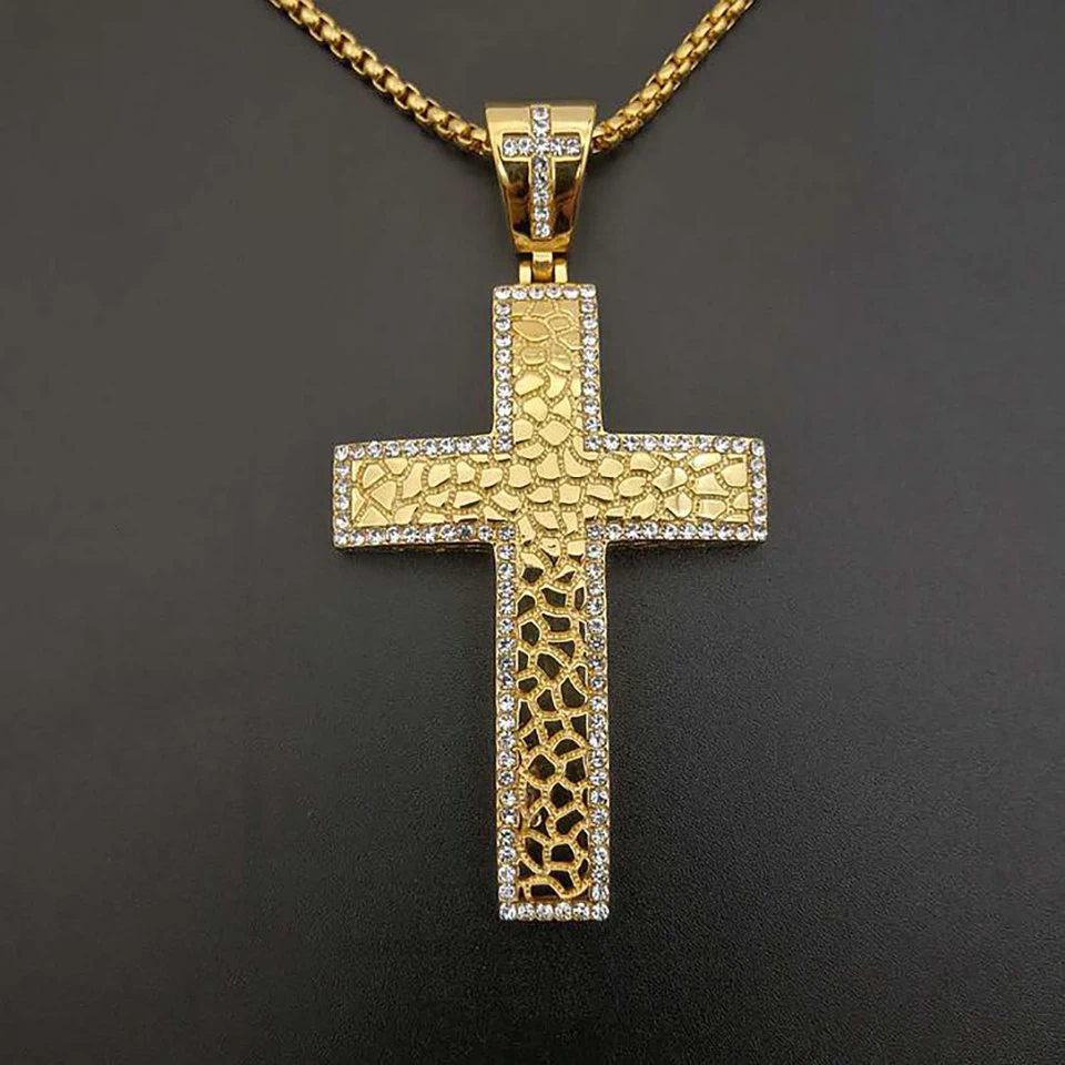Ciondolo Charm Croce Hip Hop Placcato Oro 14KT Con CZ Trasparente Bling