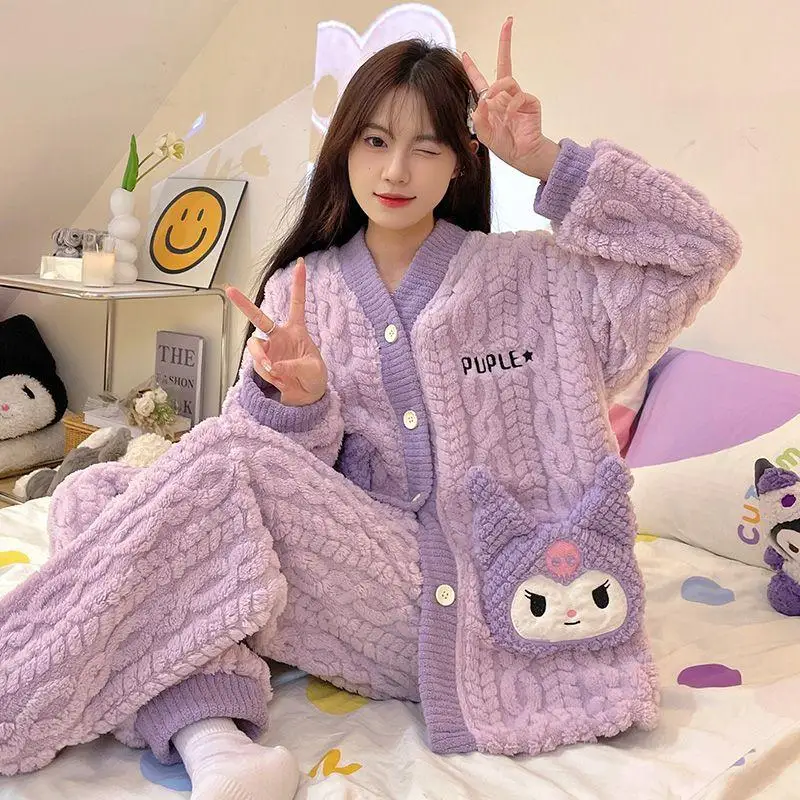 

Kawaii Sanrioed Pom Pom Purin Kuromi Women's Nightgown for Home Wear Anime Winter Thickened Velvet Warm Cute Home Clothes Set
