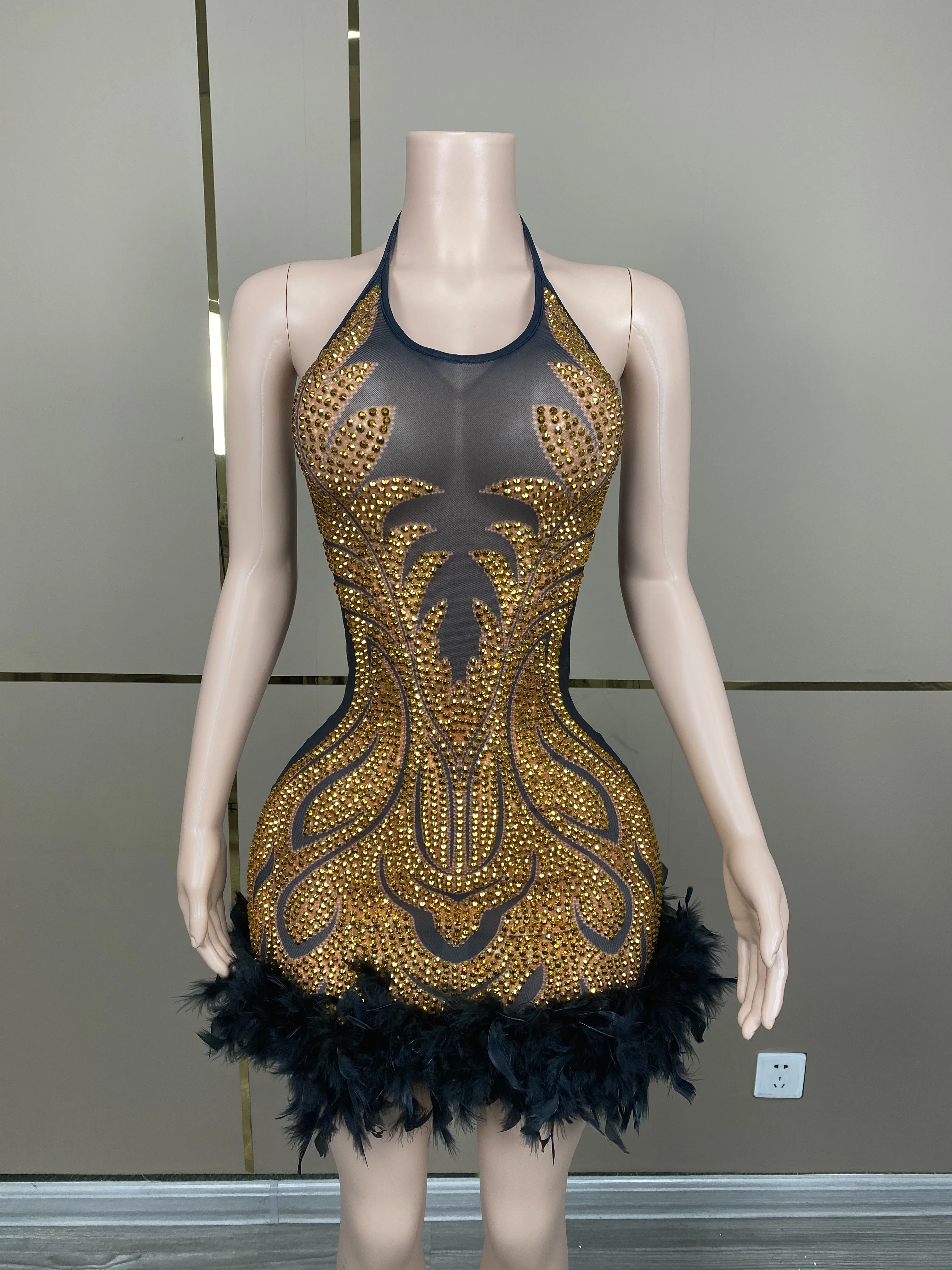 

Gold Stones Black Feather Velvet Dress SEXY Singer Dance Show Performance Evening Costume Birthday Celebrate MINI Dress
