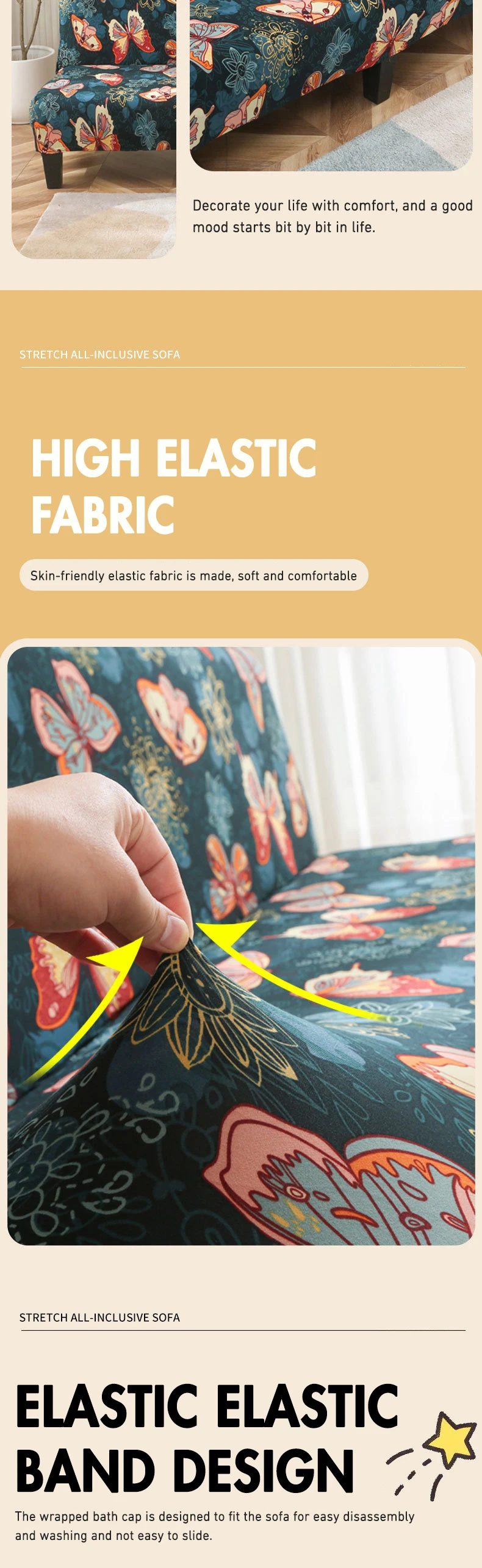 Description Picture 3 of itemLANMOLIFE Armless Futon Slipcovers Stretch Folding Sofa Bed Cover with Elastic Bottom, Printed Fitted Couch Cover