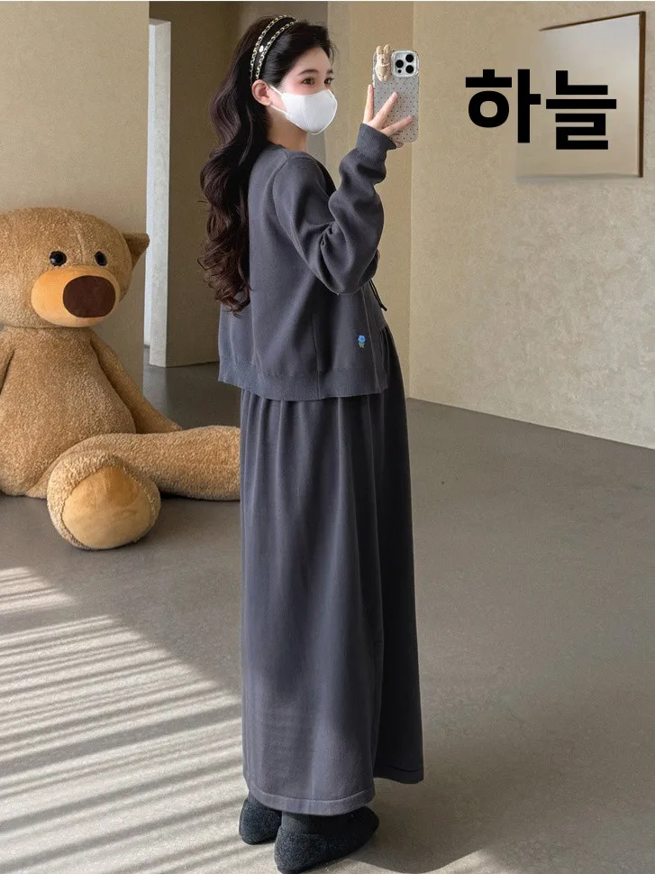 한국 스타일 니트 드레스와 가디건 세트 자수 트렌디한 임부복 임산부 아닌 분들을 위한 봄 가을 시즌 의류