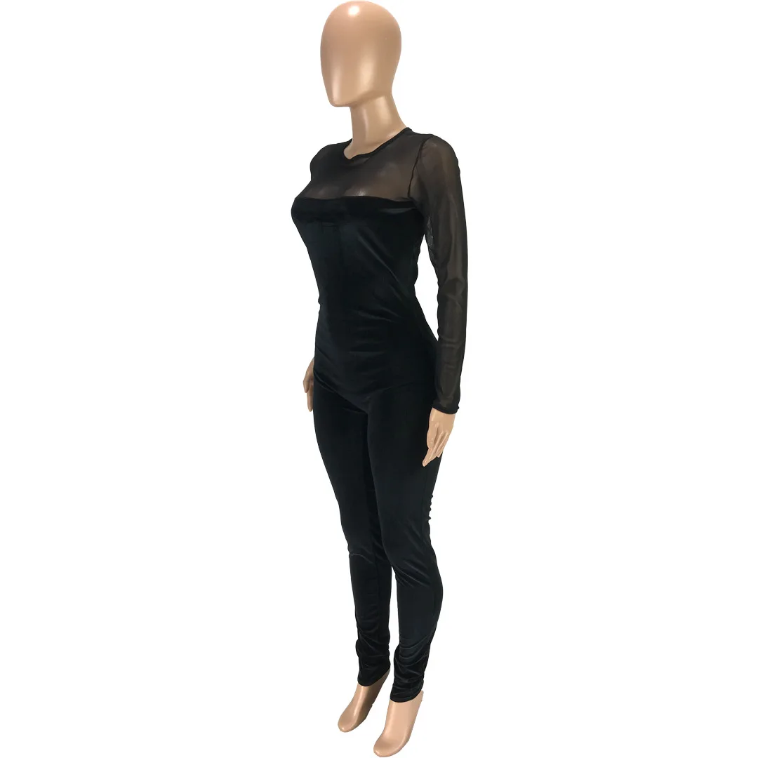 women Fashion casual sexy solid color mesh stitching zipper Slim Fitnightclub style slim-fit jumpsuit