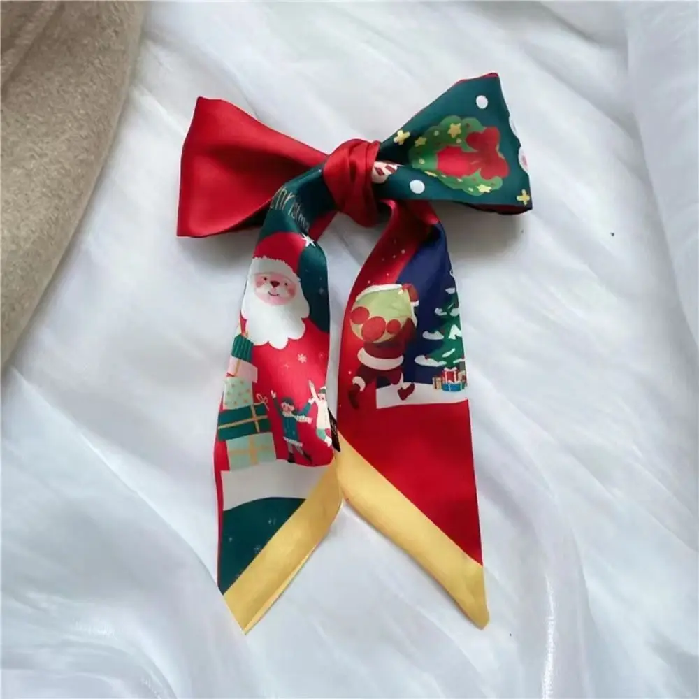 Red Christmas Silk Scarf All-match Santa Claus Ribbon Headband Scarf Hair Band Hair Tie Printed New Year Scarf Women