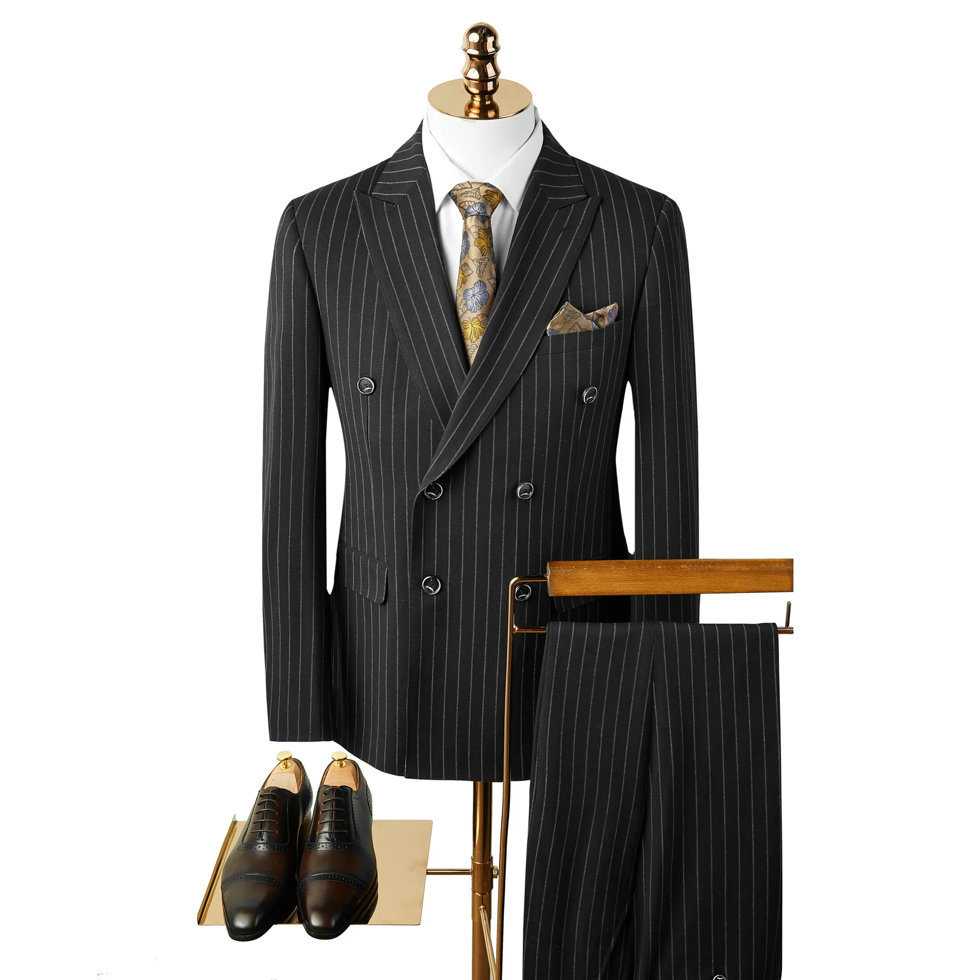 

2 Piece Men's Suits Slim Fit Double Breasted Stripe Pinstripe Lapel Neck Business Men's Suits For Wedding (Blazer+Pants)