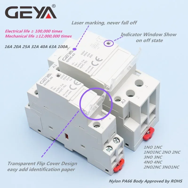 Contator Doméstico Automático GEYA GYHC, Tipo Trilho Din, DC 24V Bobina, 2P, 220V, 63A, 2NO, 2NC, 1NO1NC