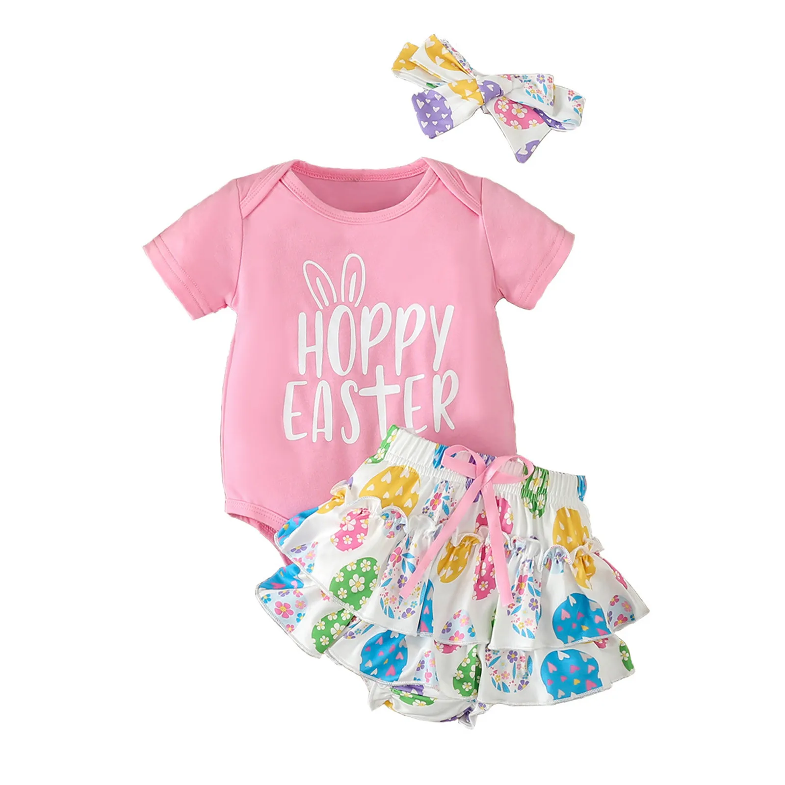 

Infant Girls Easter Short Sleeve Letter Printed Romper Newborn Bodysuits Ruffles Shorts Outfits