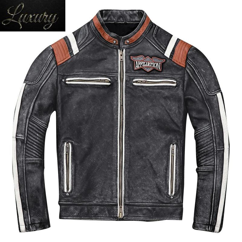 

Vintage Top Layer Cowhide Leather Jacket High Quality graphite Distressed Calfskin corium Autumn New Slim Fit Coat