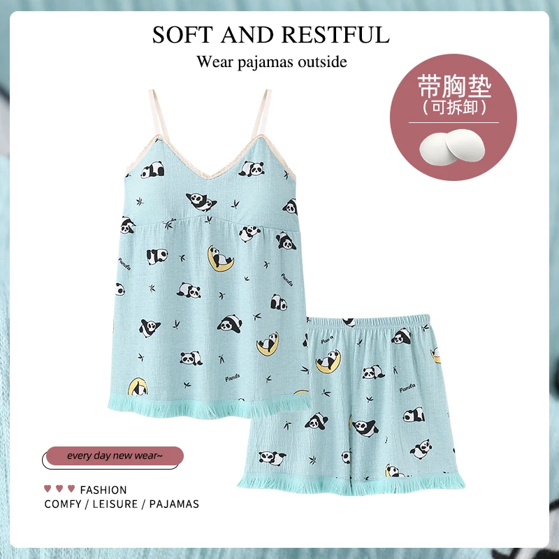 

Summer Women's Sleepwear Cute Cartoon Pajamas Women Knited Cotton Pajama Set Sweet Sling Shorts Pijama With Chest Pad