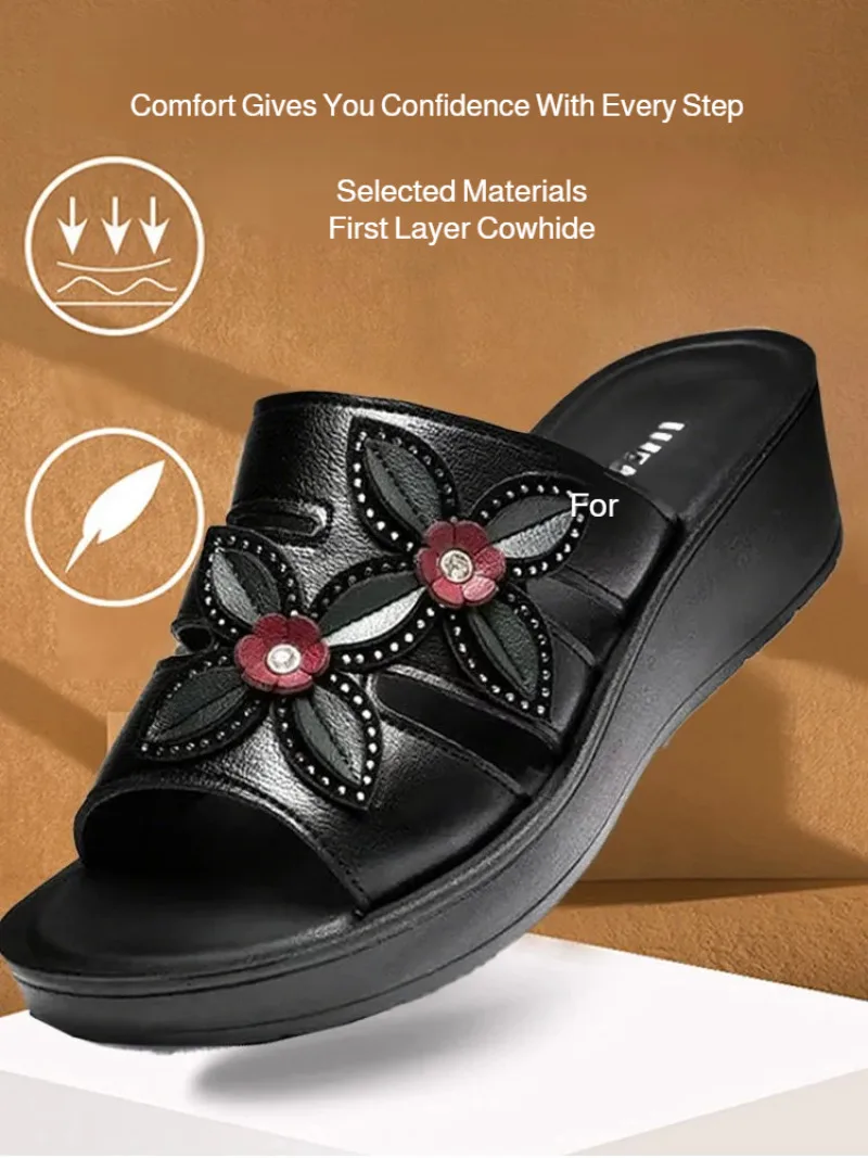 شباشب نسائية من الجلد الناعم صنادل خارجية بنعل سمي...