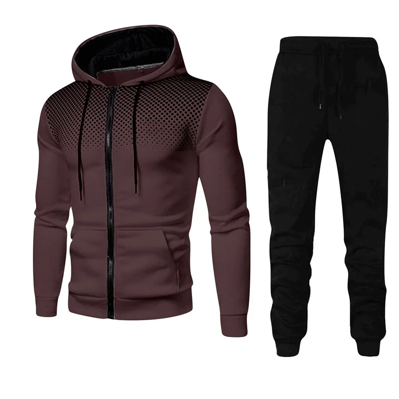 Men Set Polka Dots Print Zipper Cardigan Hooded Sweatshirt Solid Color Casual Pants Two Piece Suits Autumn Winter Thickened Wear
