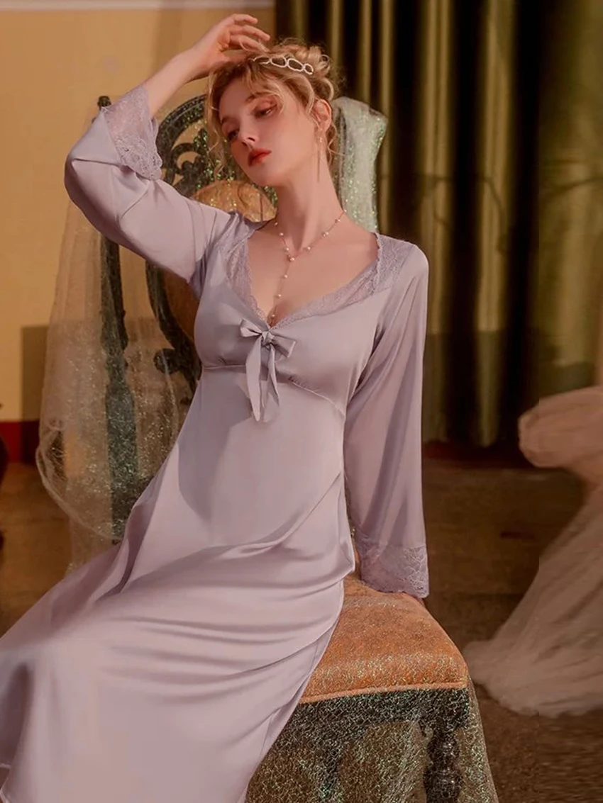 Marthaqiqi Lace Patchwork Female Sleepwear Sexy V-Neck Pajamas Long Sleeve Nightgowns Mid-Calf Dress Elegant Women Nightwear