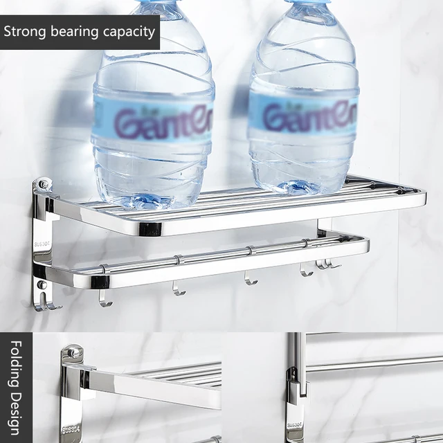 Fürdőszoba Polc Rozsdamentes Acél Összecsukható Törülköző Csiszolt Törülközőtartó Tároló Horog Szervezővel - Image 2