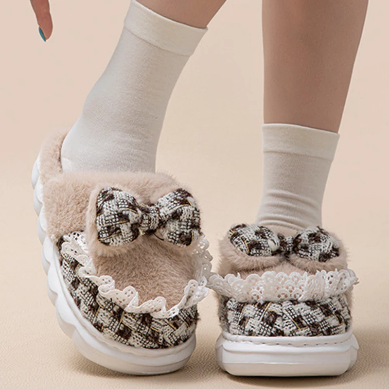 Baize Bowknot Fur Slippers for Women Sweet Fleece Thick Warm Cotton Slippers Woman Winter 2025 Soft Sole Living Room Shoes Mujer