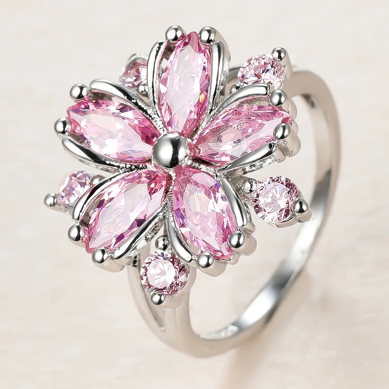 Bague en pierre de cristal rose pour femme, breloque haut de gamme, matiques de mariage fines pour femme, fleur de mariée délicate, bague de fiançailles mignonne