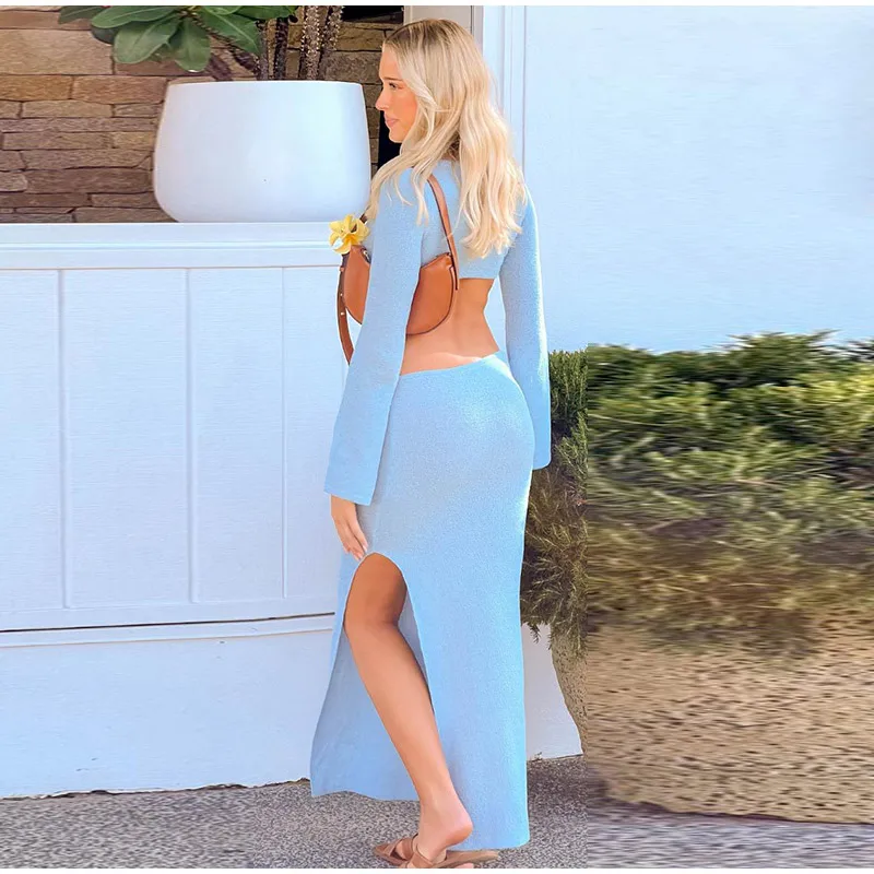 Sexy Knitted Hollow Out Long Dresses Women Casual Solid Slim Fit O-neck Slit Maxi Dress Sun Protection Female Summer Beach Party