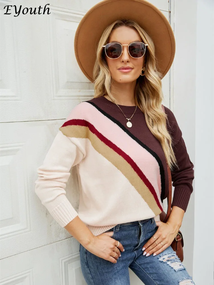 

Fashion Women Sweaters 2023 Autumn Winter New Long Sleeve Top LOOSE Color Block Korean Fashion Knitwears Streetwear Pullover