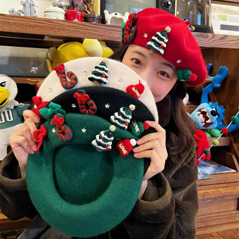 

Christmas Beret Vintage Hat for Women Girls New Year Gift for Girlfriends Soft Warm Wool Beret Autumn Winter Painter Hats