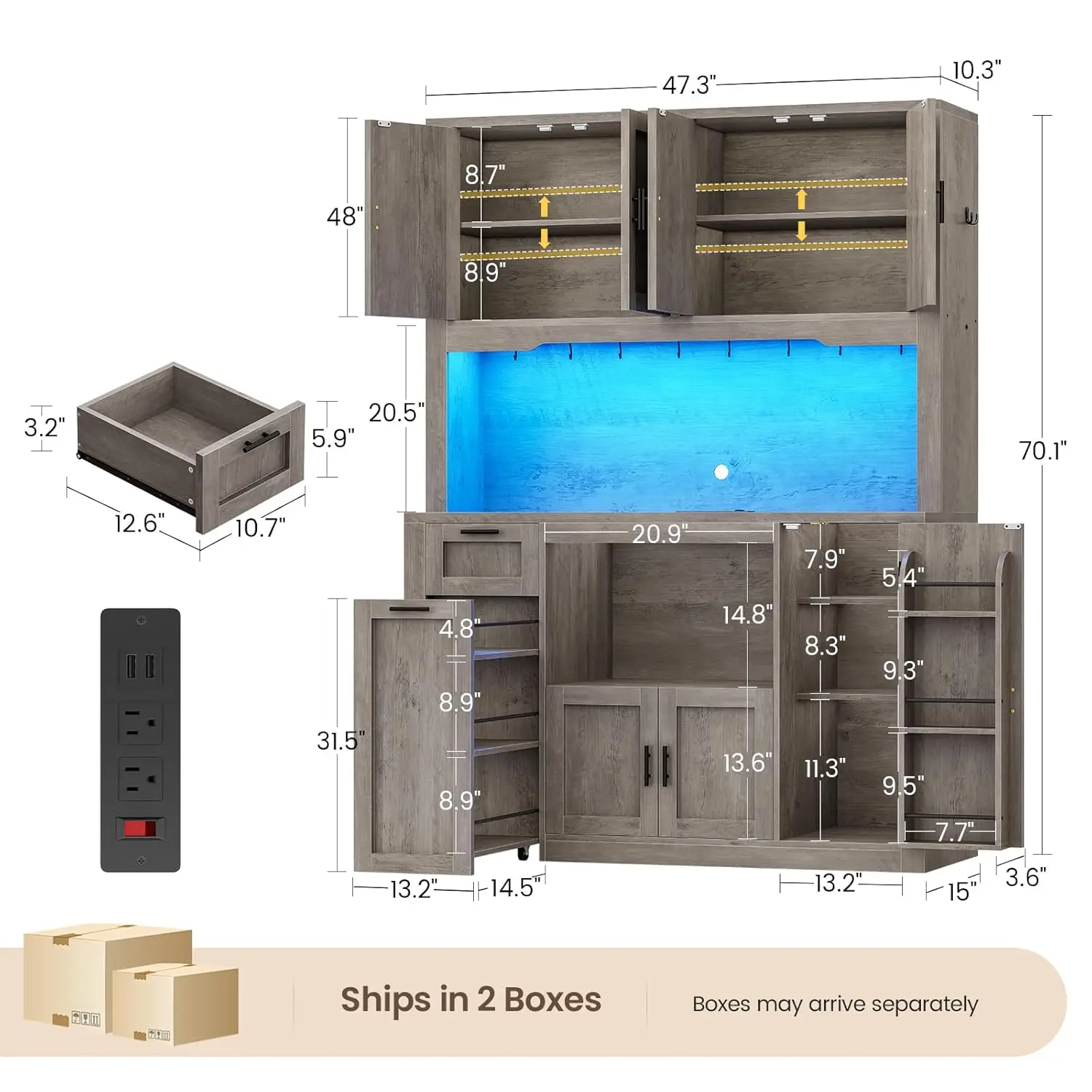 71 Inch Wide Pantry Cabinet with Charging Station And LED Light Kitchen Storage with Microwave Stand Design,Customized 3