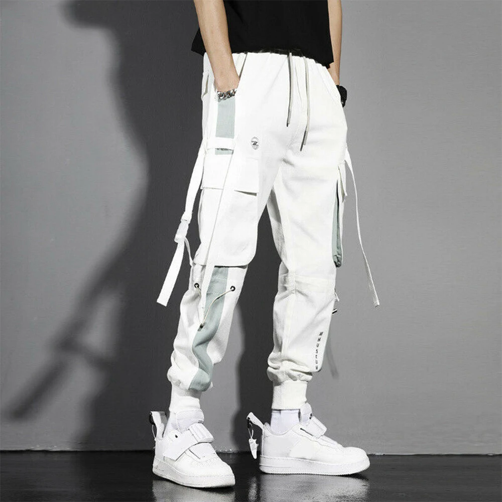 Mens Cargo Pants Casual Trousers Pocket Streetwear Joggers Hip Hop Harem Pants Multi-Pocket Ribbons Male Sweatpants Harem Pants