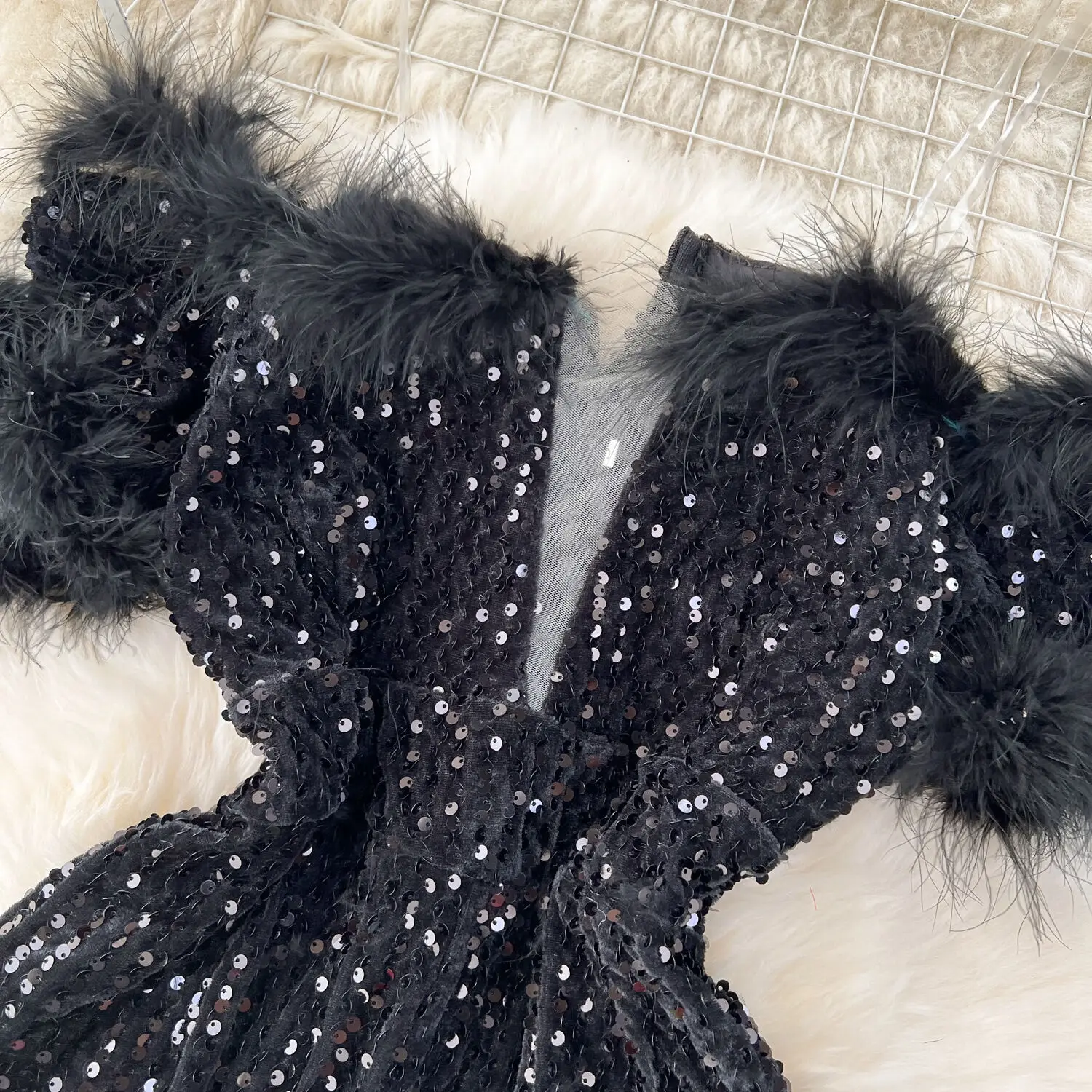 Elegant Sequined Jumpsuits Women Fashion Autumn Transparent Strap Faux Fur Hem Off Shoulder High Waist Wide Leg Velvet Rompers