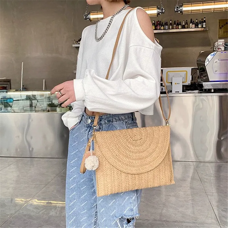 Summer Beach Handmade Straw Woven Clutch, Elegant Women's Casual Shoulder Crossbody Bag with Detachable Shoulder Strap