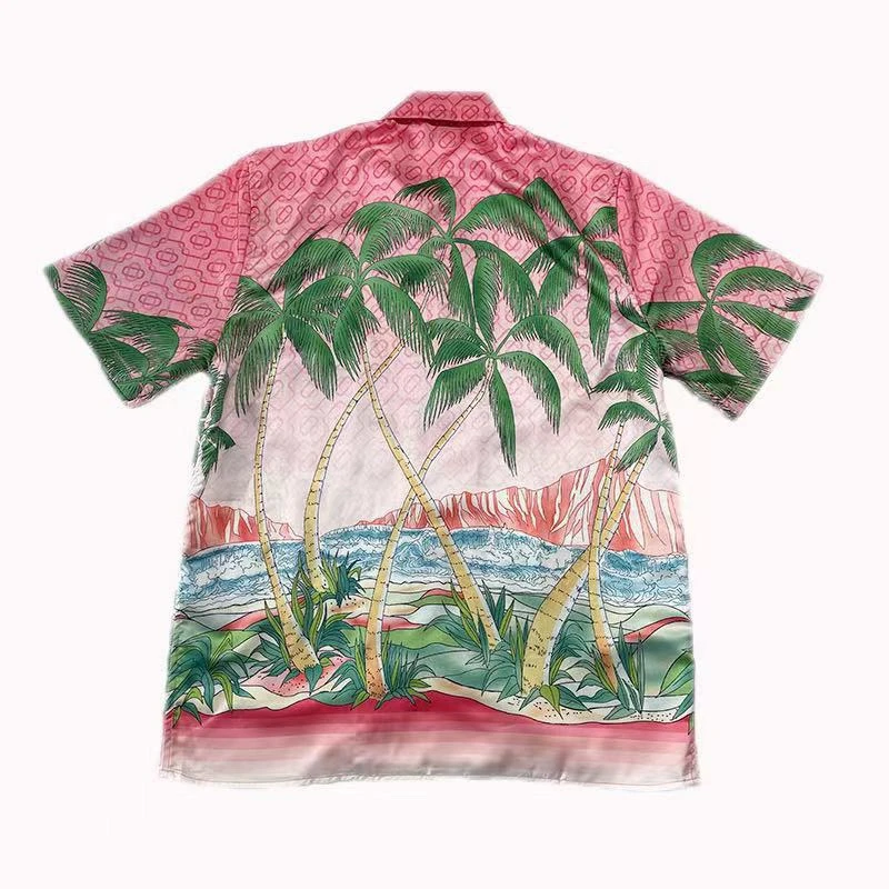 

23SS High Quality Pink Casablanca Coconut Tree Shirt Men Women Hawaii Beach Silk Shirts