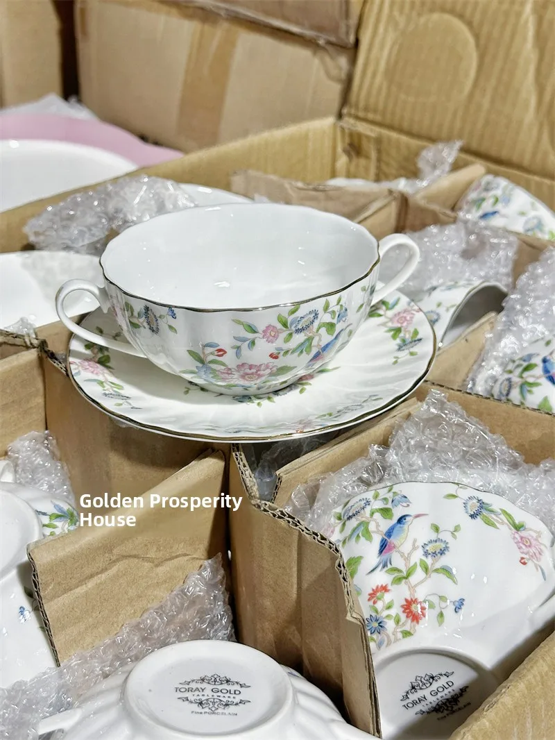 Retro Court Sle Bird And Flower Double Ear Bowl Plate European Design Breakfast Cup Dert Bowl Plate Set Handmade Bone China