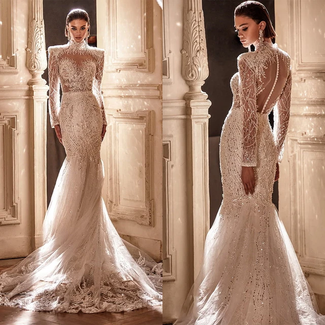 Nuovi abiti da sposa a sirena Champagne 2021 Illusion maniche lunghe scollo  a v Applique in pizzo abito da sposa senza schienale Vestido De Mariee -  AliExpress