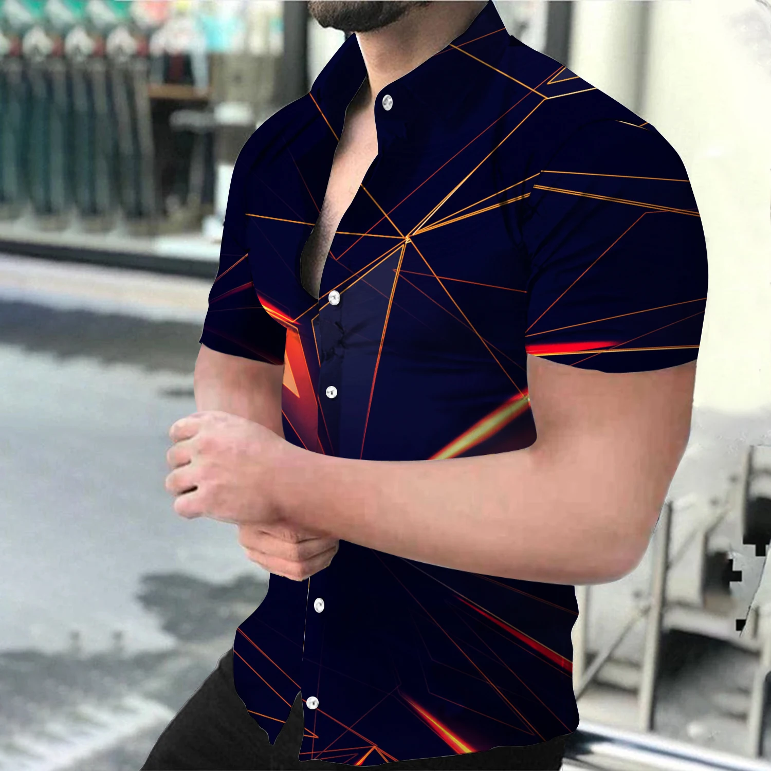 Summer Geometric 3D Printing Shirts Men Fashion Turn-down Collar Buttoned Shirt Casual Short Sleeve Cardigan Streetwear