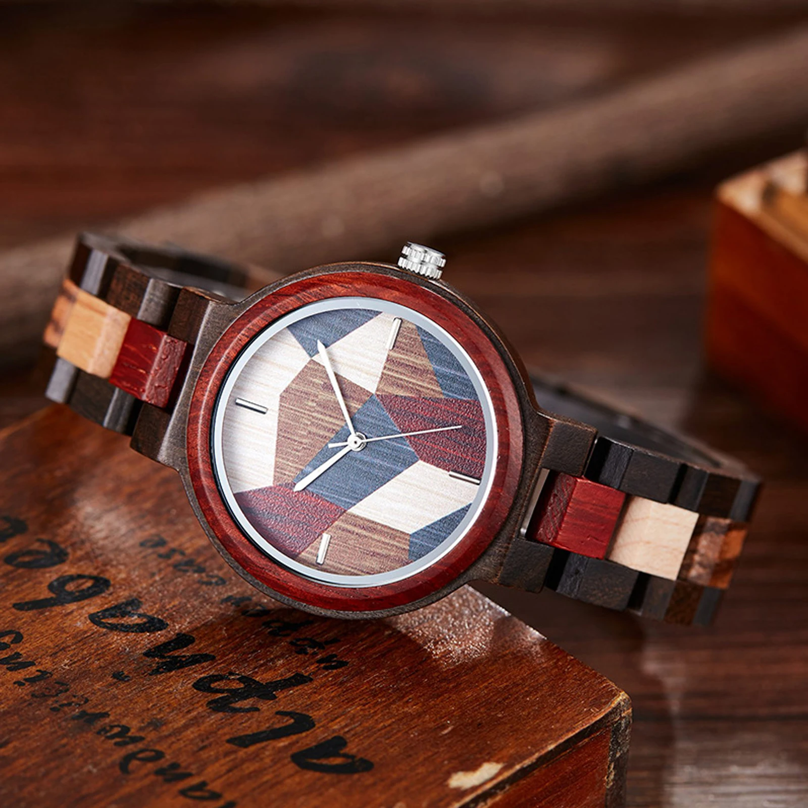 FANDAO mixed color all-wood men's watch irregular pattern round dial quartz wristwatches wooden bracelet watch folding clasp