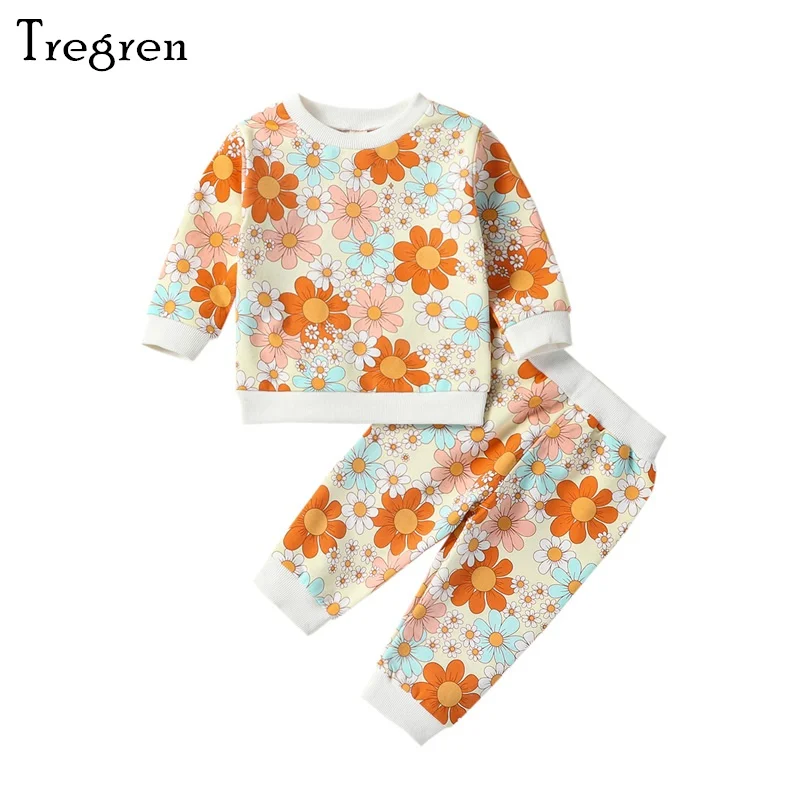 

Tregren 0-24M Infant Baby Girl Fall Outfit Flower Print Long Sleeve Crew Neck Sweatshirts Elastic Waist Pants 2Pcs Clothes Set