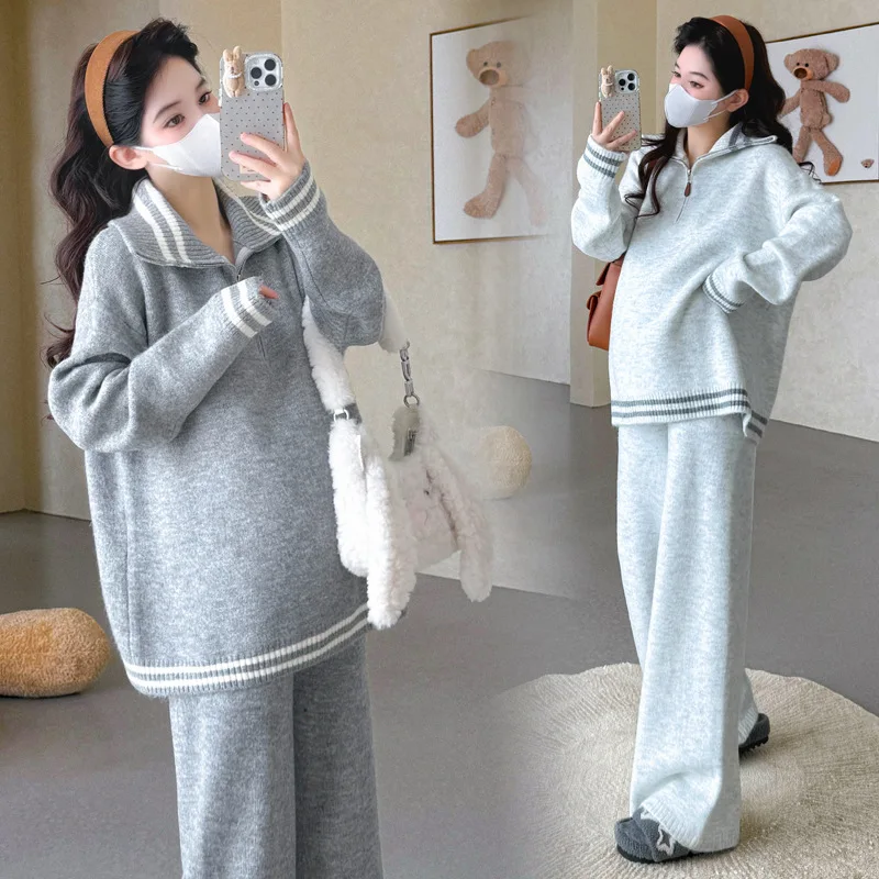 출산복 가을 겨울 심플하고 다재다능한 캐주얼 루즈 라펠 지퍼 스트라이프 스웨터와 와이드 레그 팬츠 투피스 세트