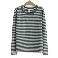Women's Striped Cotton Knit Bottoming Tops, Long Sleeve T-Shirt, Loose Casual Basic Tees, Simple Clothing, Plus Size, Autumn 4XL