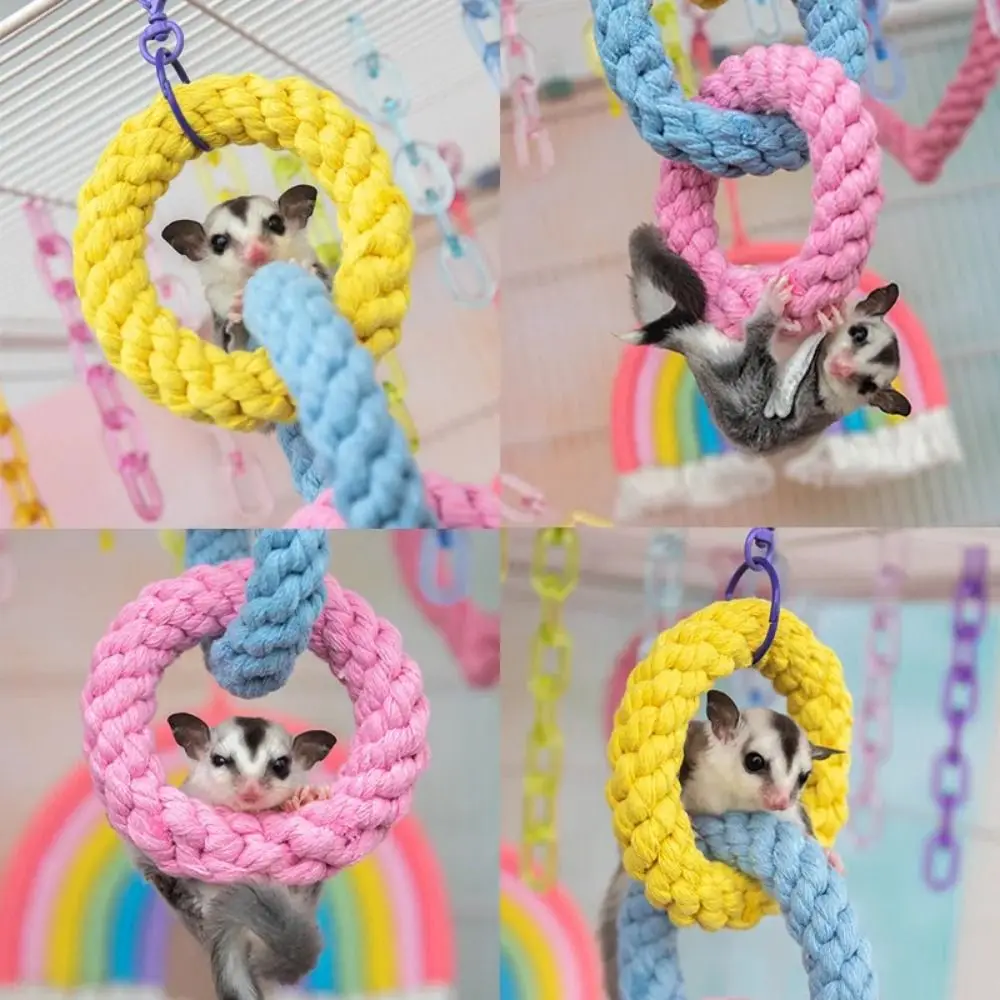 DIY Hamster Climbing Rope Toys Handcrafted Colorful Bird Rope Swing Triple Ring Cotton Rope Hanging Swing Cage Teething