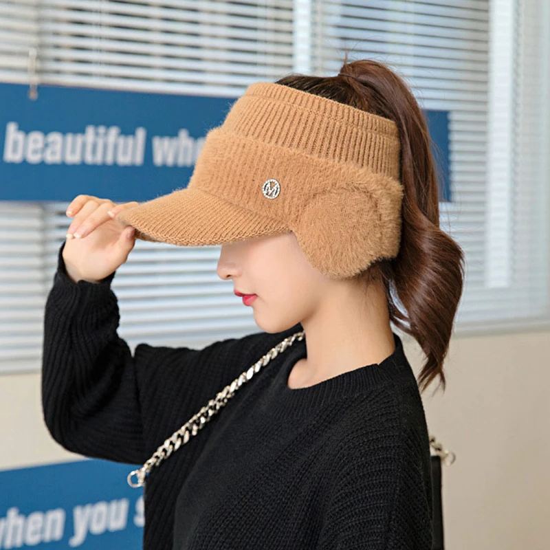 1PC Ladies Earflaps Empty Top Baseball Cap Autumn Fashion Winter New Hat Warm Women's Knitted 2021 new autumn and winter men s beanie hat ladies knitted hat warm woolen cap campaniform style