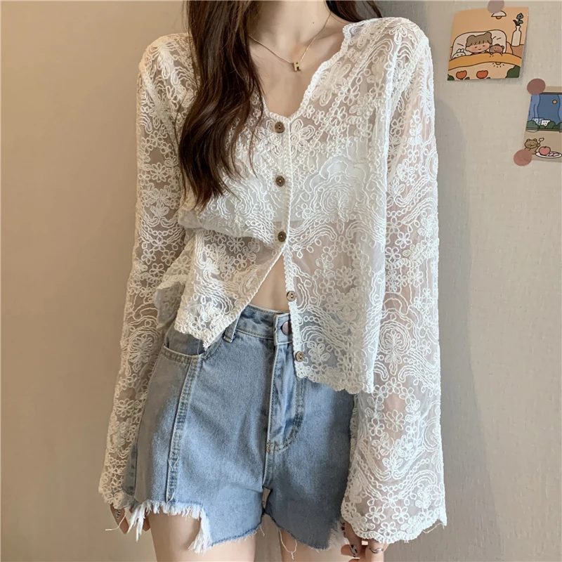 

French Lace Hollow Out Tulle Women Shirt Summer New Button Patchwork Female Ladies Blouse All Match Floral Loose Long Sleeve