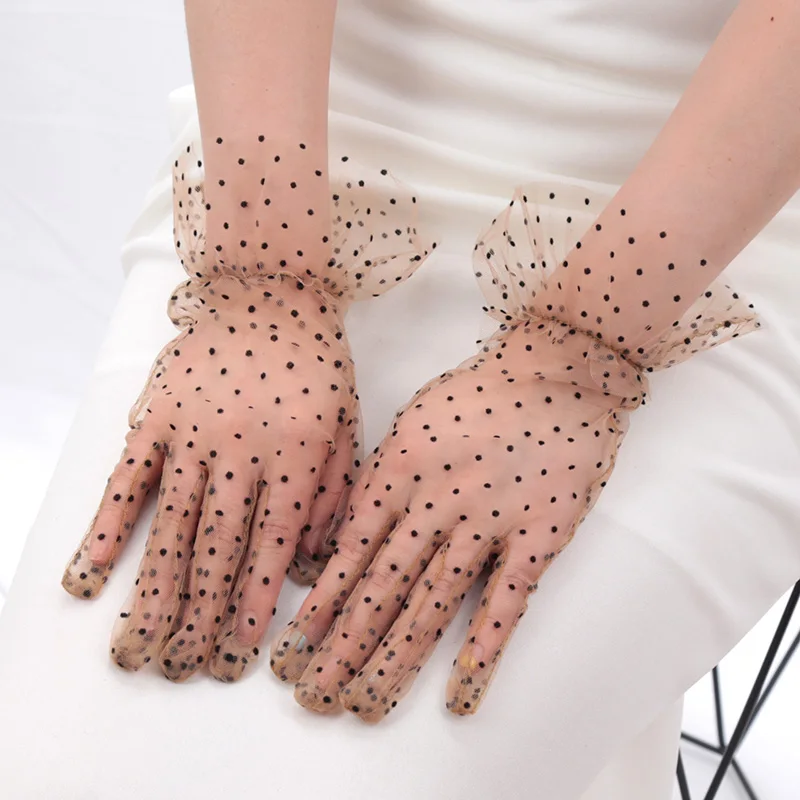 Women Sexy Lace Gloves Transparentes Dot Mesh Short Tulle Mittens Club Prom Party Dancing Fishnet White Dress Breathable Glove