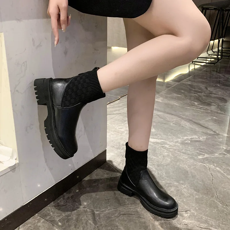 

2023 Fashion Spring And Autumn New Outdoor Casual Women's Boots Waterproof Mid-tube Socks Leather Boots Round Toe Boots 35-40