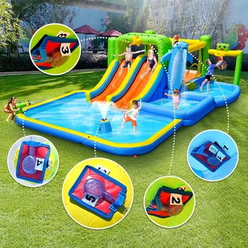 Inflatable Slide Water Park Trampoline Bouncing House Outdoor Garden For Endless Fun to Kids with Blower and Toys 4