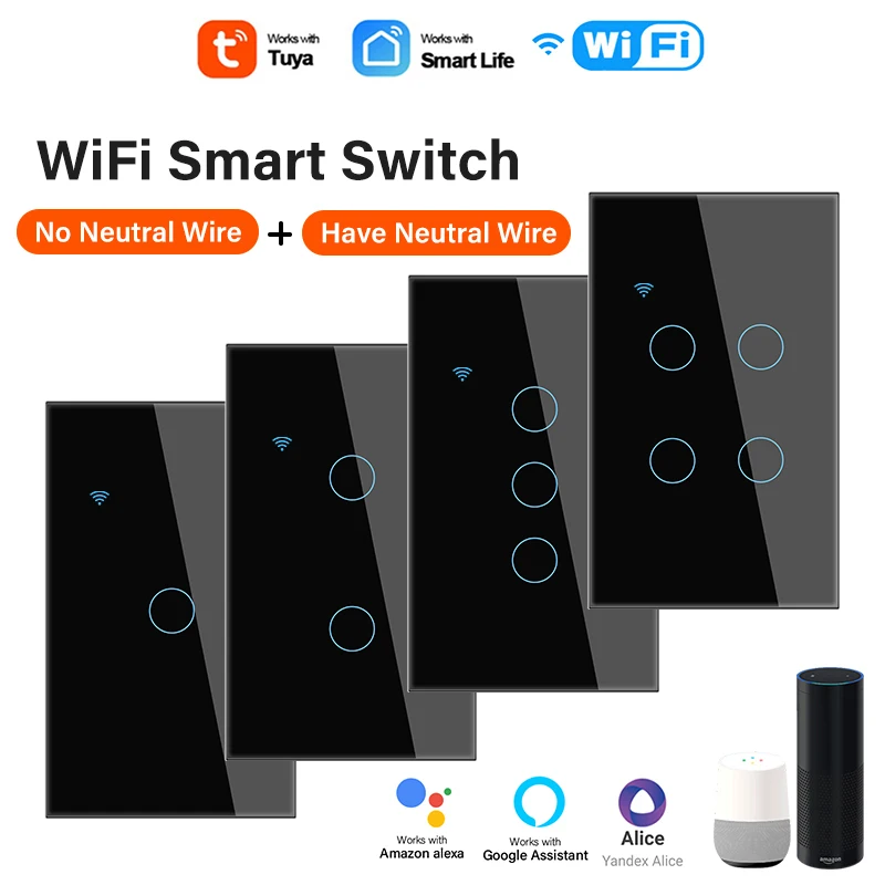 Tuya WiFi US Smart Light Switch filo neutro/nessun cavo neutro richiesto interruttore tattile a parete di tipo 120 funziona con Alexa, Google Home