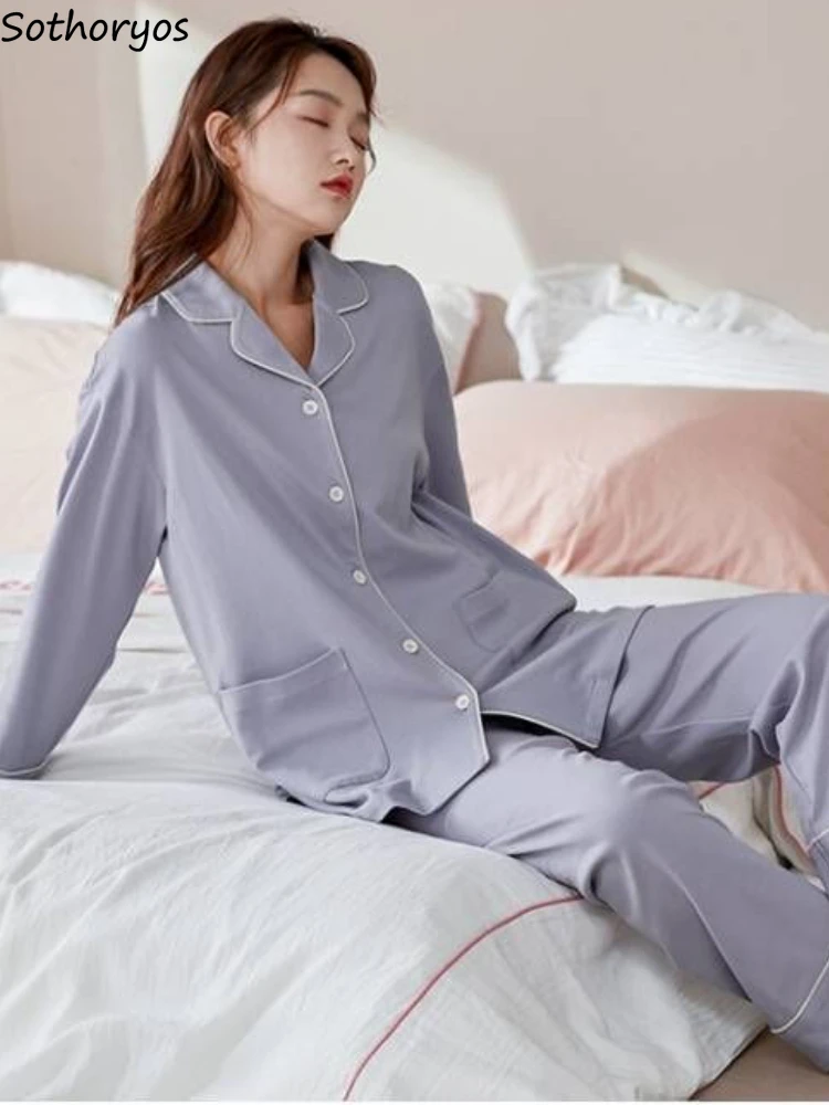 

Пижамный комплект женский с длинным рукавом, домашняя одежда для сна в минималистском стиле, уютная повседневная одежда для сна в Корейском стиле, с карманами, Классический весенний дизайн