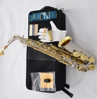 Satin nickel Gold Bell Alto Saxophone Eb High F# Sax Metal Mouthpiece Reed