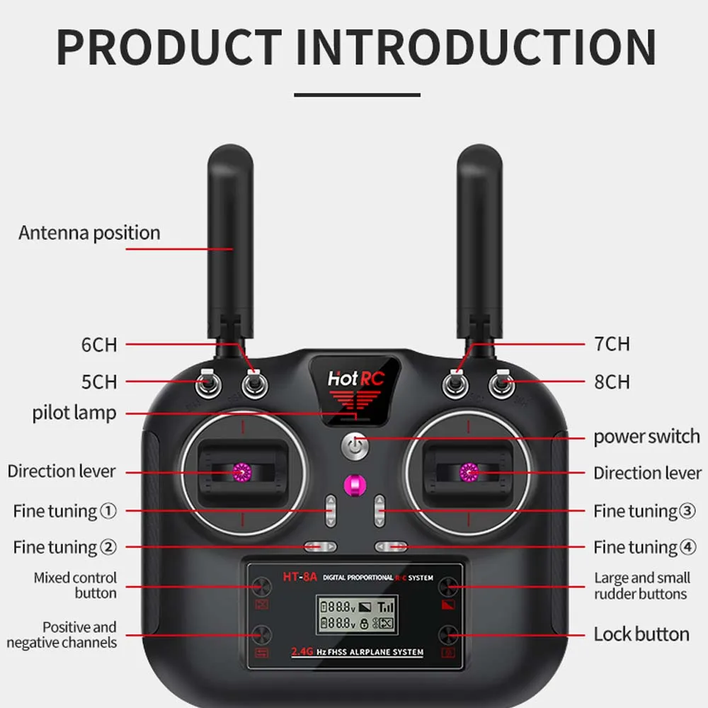 Hotrc Hot RC HT-8A Remote Control 2.4G 8CH 4.5-9V PWM FHSS Transmitter with F-08A Receiver For RC Aircraft Car Ship Tank 6