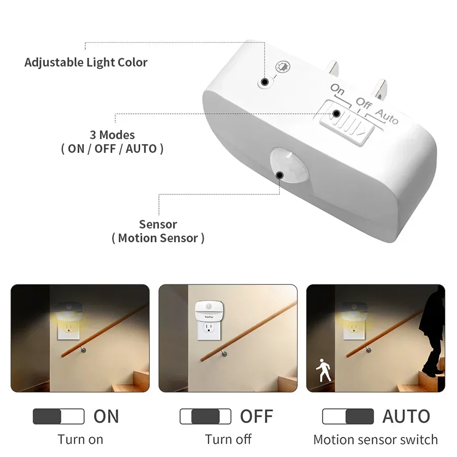 EU US Socket Led Night Light with Motion Sensor AC 85-265V PIR Human Induction Lamp 3 Colors Plug in Wall for Bedroom Hallway 4